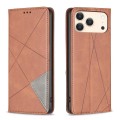 Rhombus-Texture PU Leather + TPU Magnetic Wallet Stand Case for iPhone 17 Pro Max - Brown
