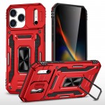 Armor PC + TPU Case with Air-Cushion Corners, Sliding Camera Cover & 360° Ring Stand for iPhone 17 Pro Max - Red